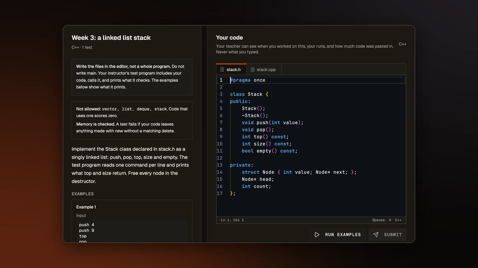 A C++ assignment problem as a student sees it. The left side explains that the student writes files, not a whole program, lists the names they may not use and says memory is checked. The editor on the right has a tab for stack.h and a tab for stack.cpp.