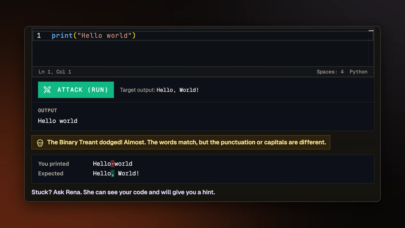 A Python lesson run that printed Hello world. The lesson says the words match but the punctuation or capitals are different, and shows You printed above Expected with the missing comma marked.