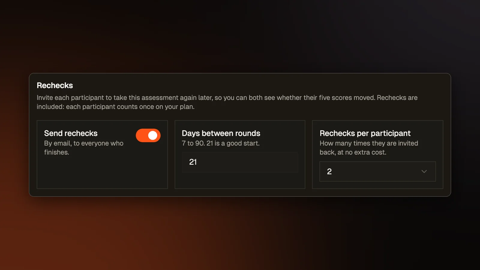 The Rechecks settings on a training assessment: a switch to send rechecks by email to everyone who finishes, the days between rounds, and how many rechecks each participant gets.