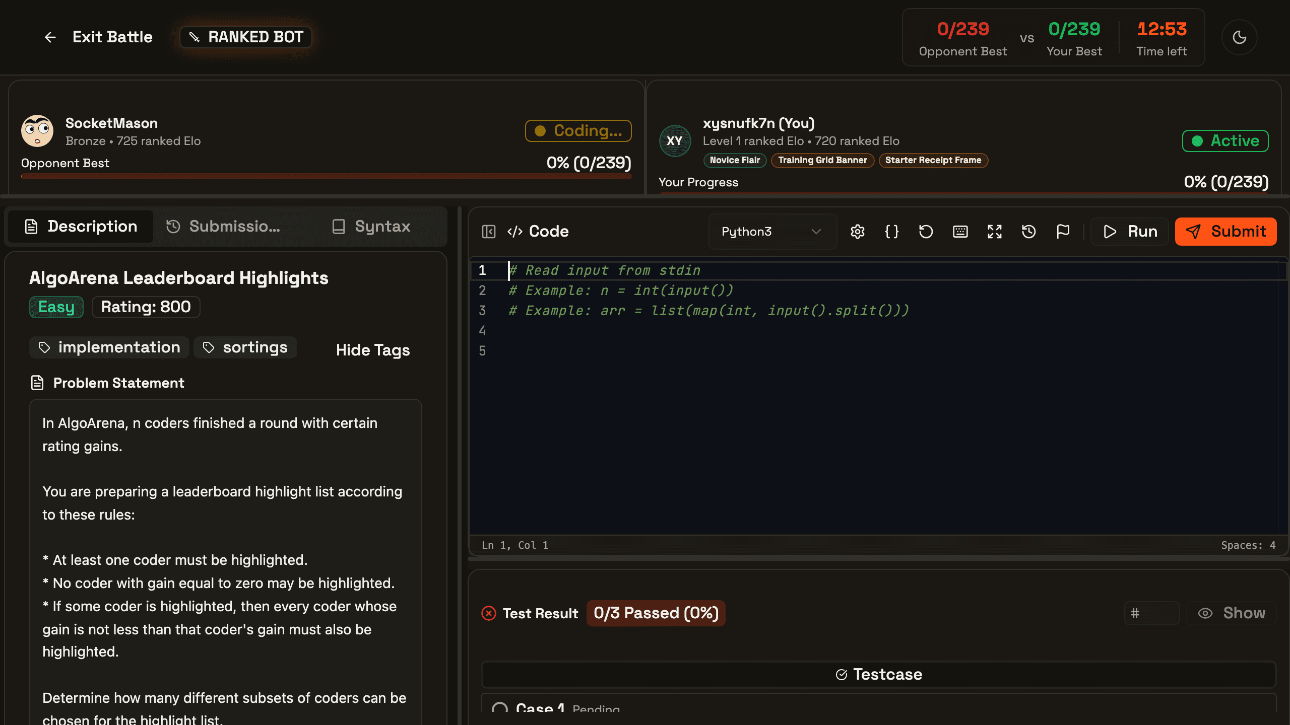 A ranked coding battle surface with a live clock and opponent context.