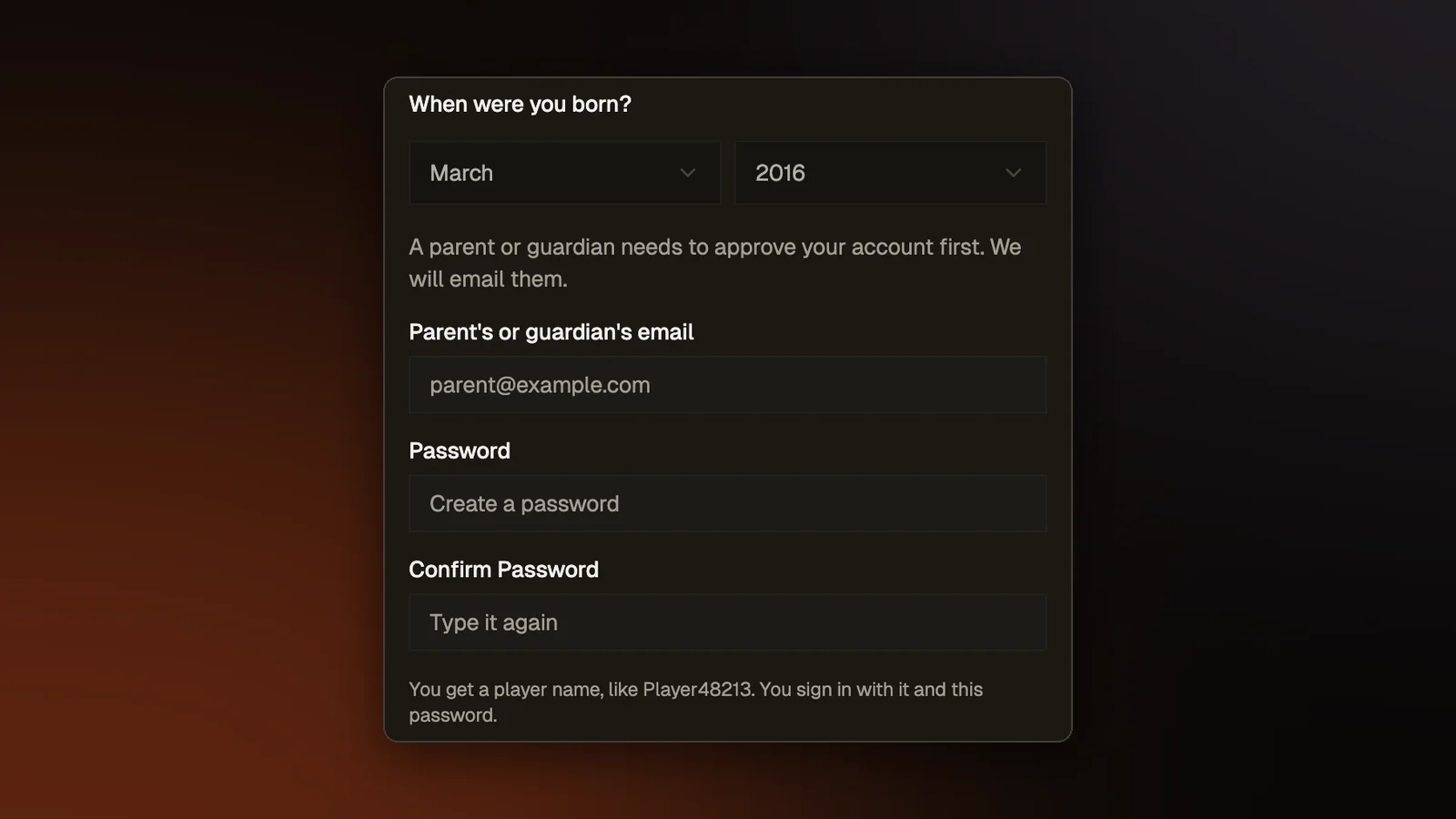 The sign up form after a birth year under 13 is picked. It says a parent or guardian needs to approve the account first and asks for the parent's or guardian's email, a password, and explains the player name used to sign in.