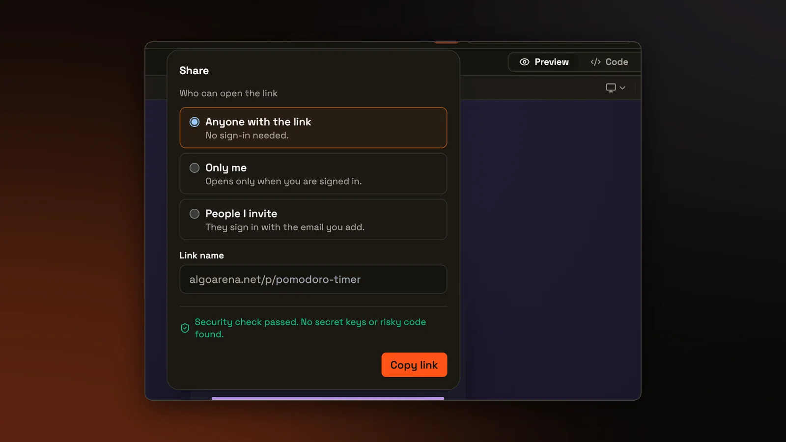 The Builder's Share panel open over a project. It asks who can open the link, with Anyone with the link, Only me and People I invite, shows the link name and a passed security check, and has a Copy link button.