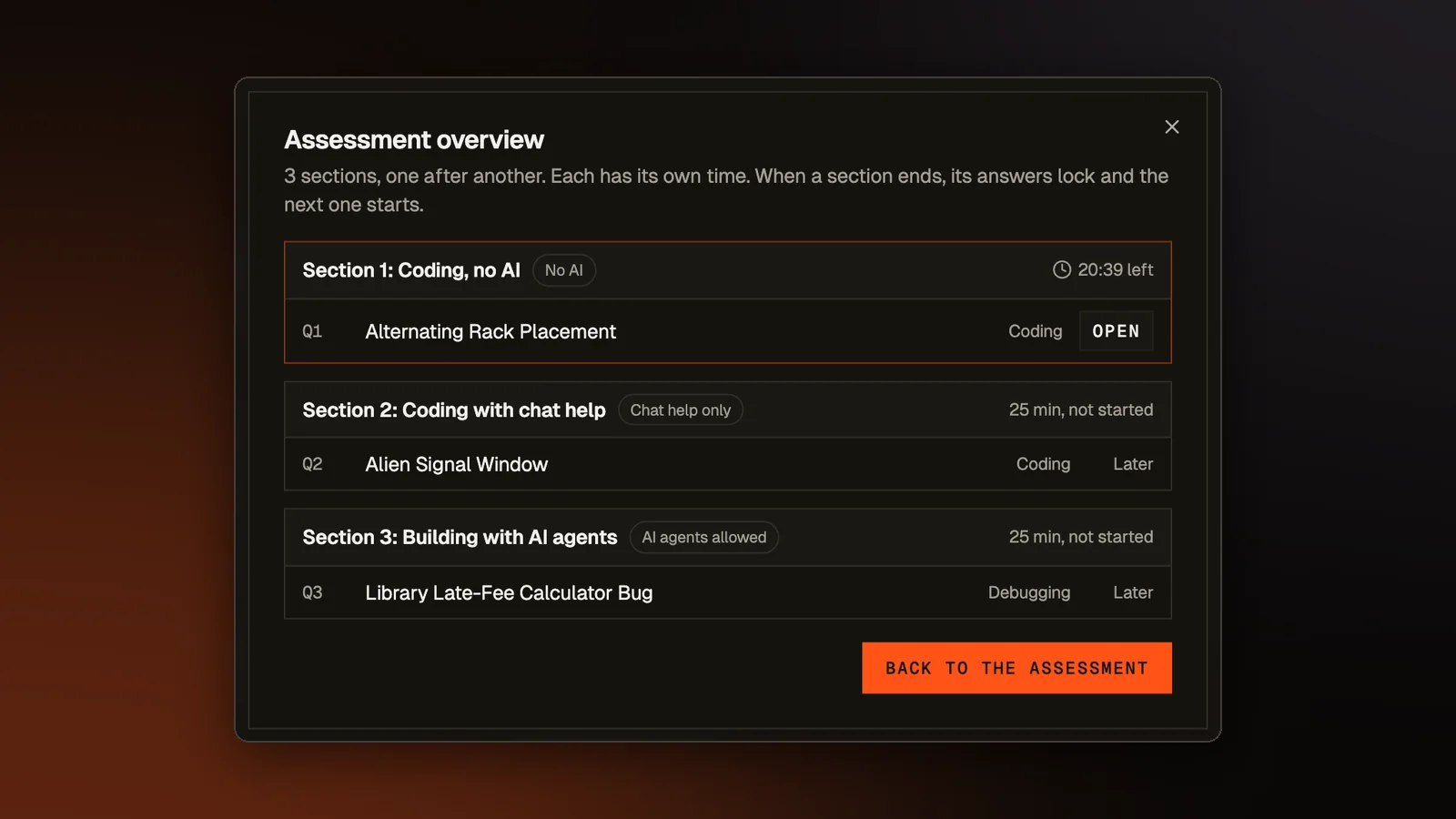 The Assessment overview a participant opens from the question list: three sections, Coding with no AI, Coding with chat help and Building with AI agents, each with its own time, with only the running section open.