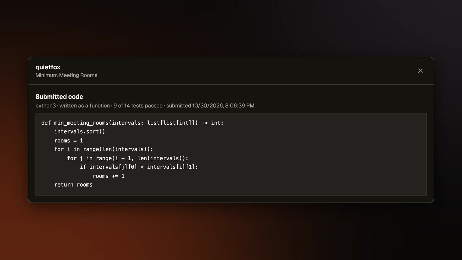 A teacher reading one student's submitted Python code for a homework problem. A line above the code gives the language, that it was written as a function, how many tests passed and when it was submitted.