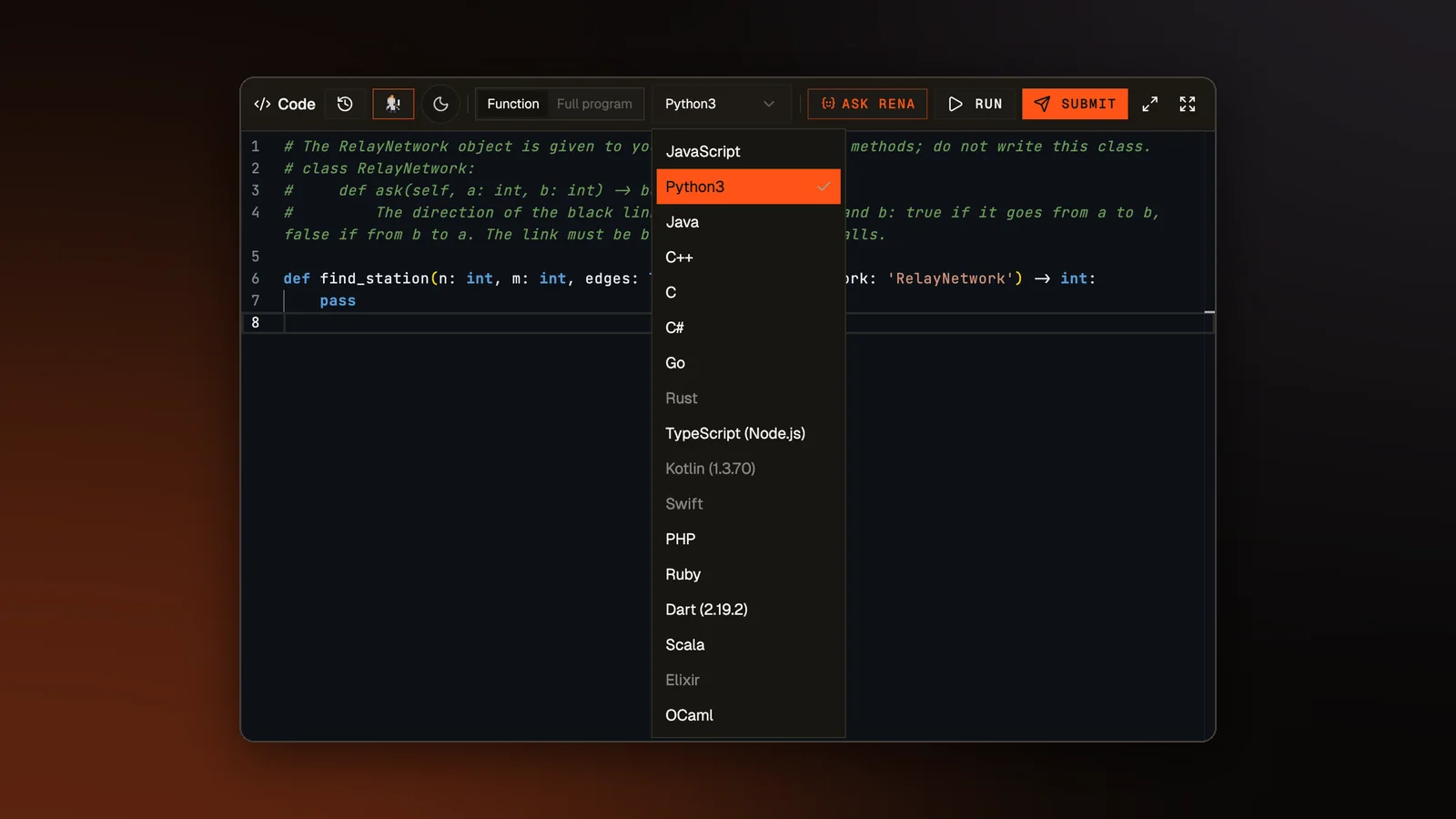 An interactive problem in the editor. Function is selected and Full program is greyed out, and the language list greys out the four languages that cannot run it.