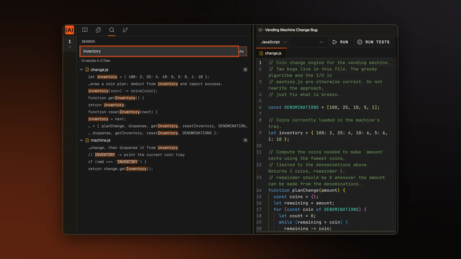 The assessment editor's VS Code layout: the Search view in the side bar listing matches across two files, a numbered question list on the left edge, and the code editor with its file tab.
