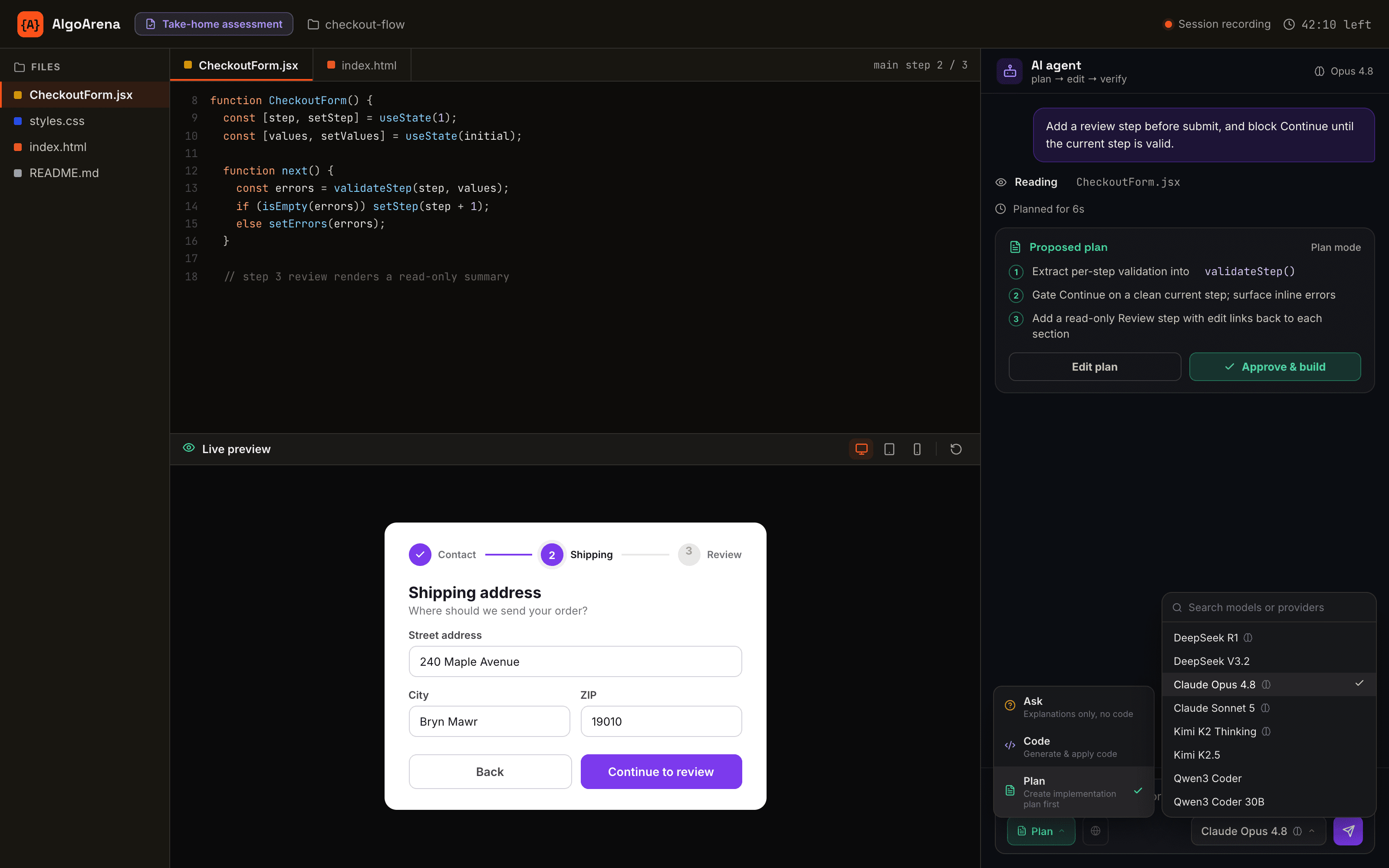 Illustrative assessment interface with code, live preview, agent plan, and session controls