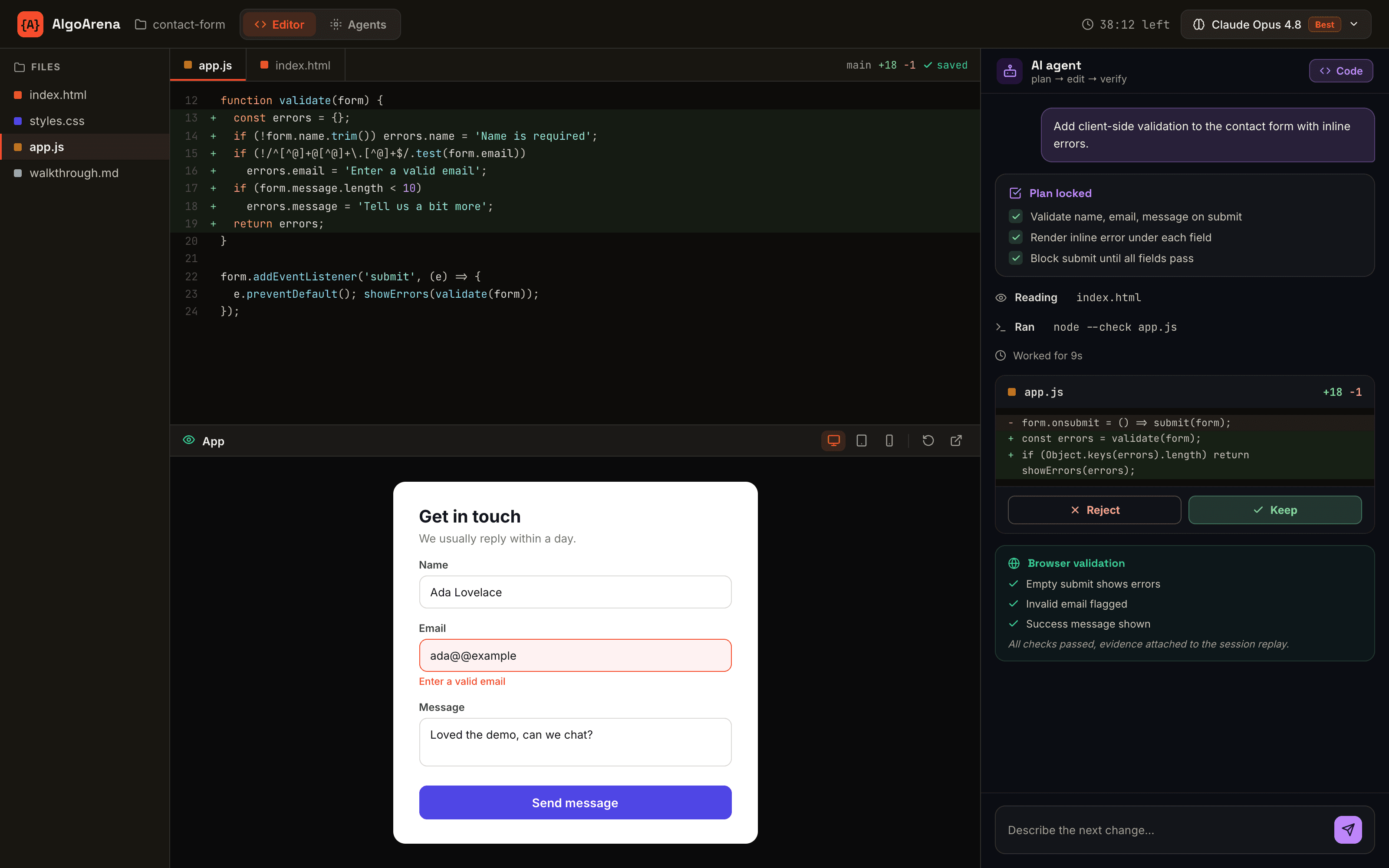 Illustrative Builder interface with files, code, preview, agent plan, and reviewable changes