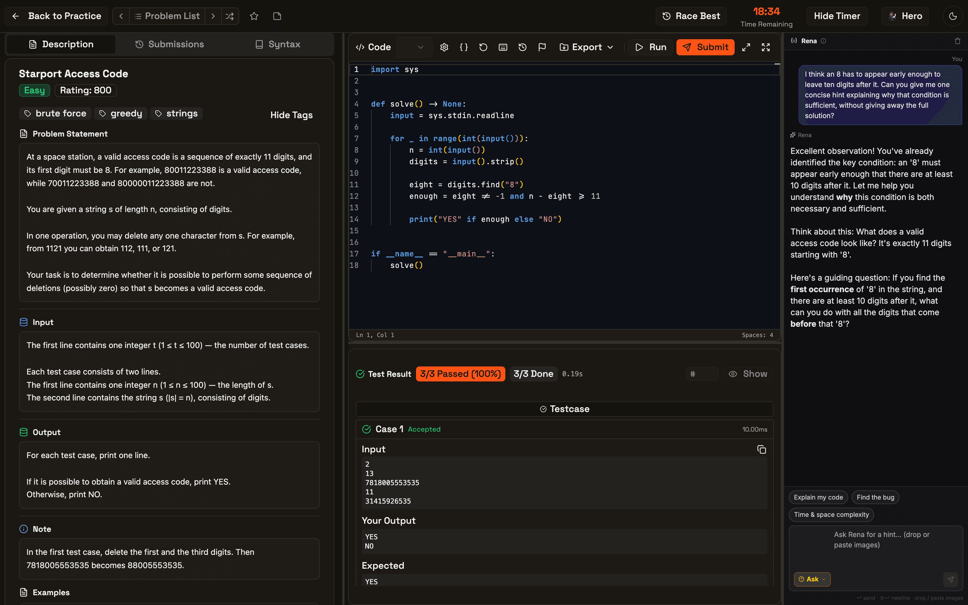 AlgoArena practice IDE showing a coding problem, editor, passed tests, and Rena hints