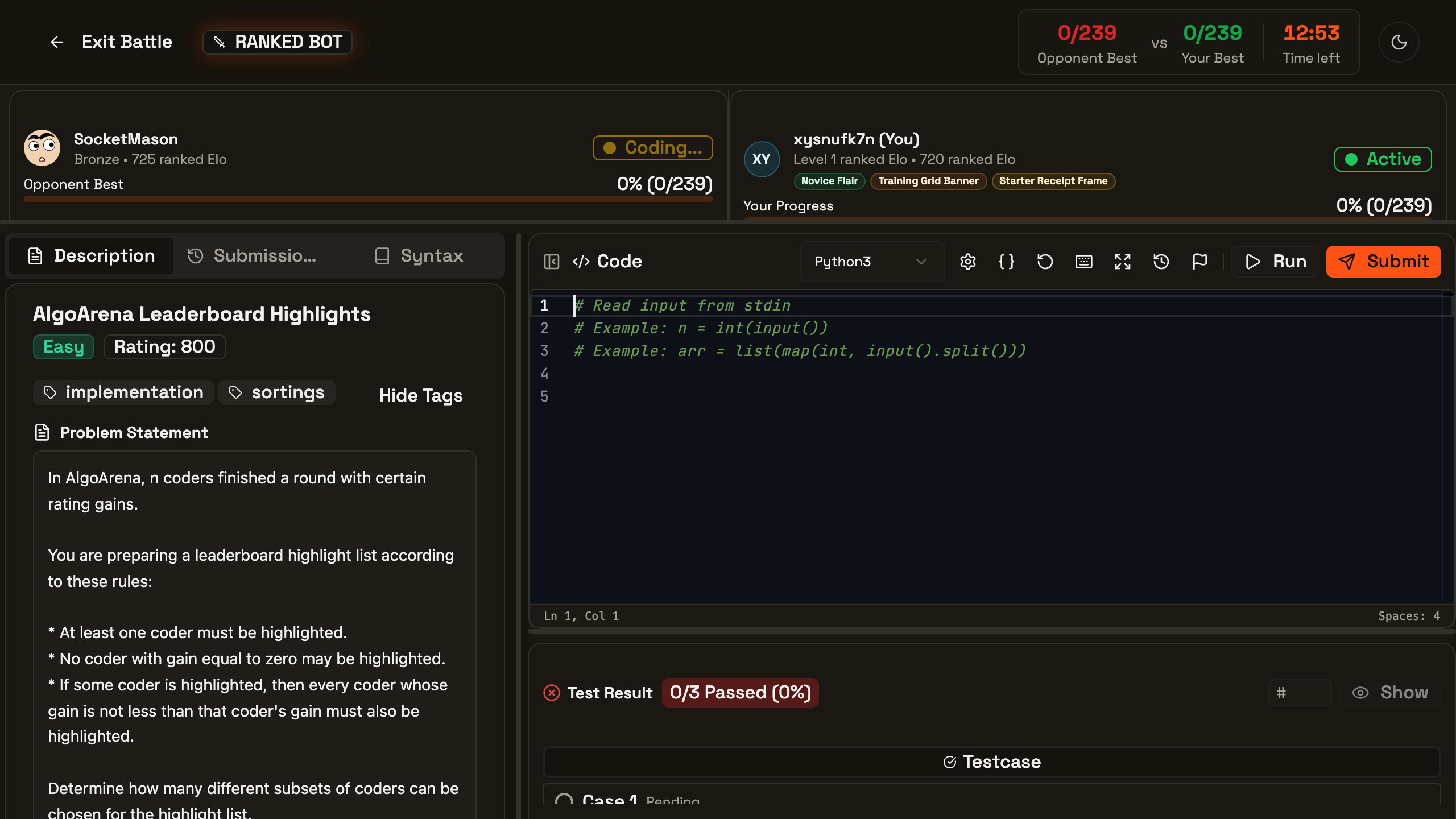 A ranked coding battle surface with a live clock and opponent context.