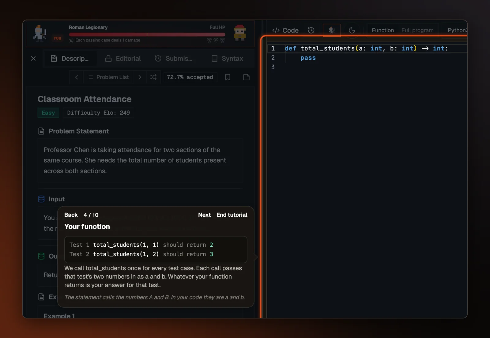 Step 4 of the How problems work tour on a real problem. A card explains that the site calls the function once for every test case, with two example calls and the values they should return, while the editor holding the function is outlined.