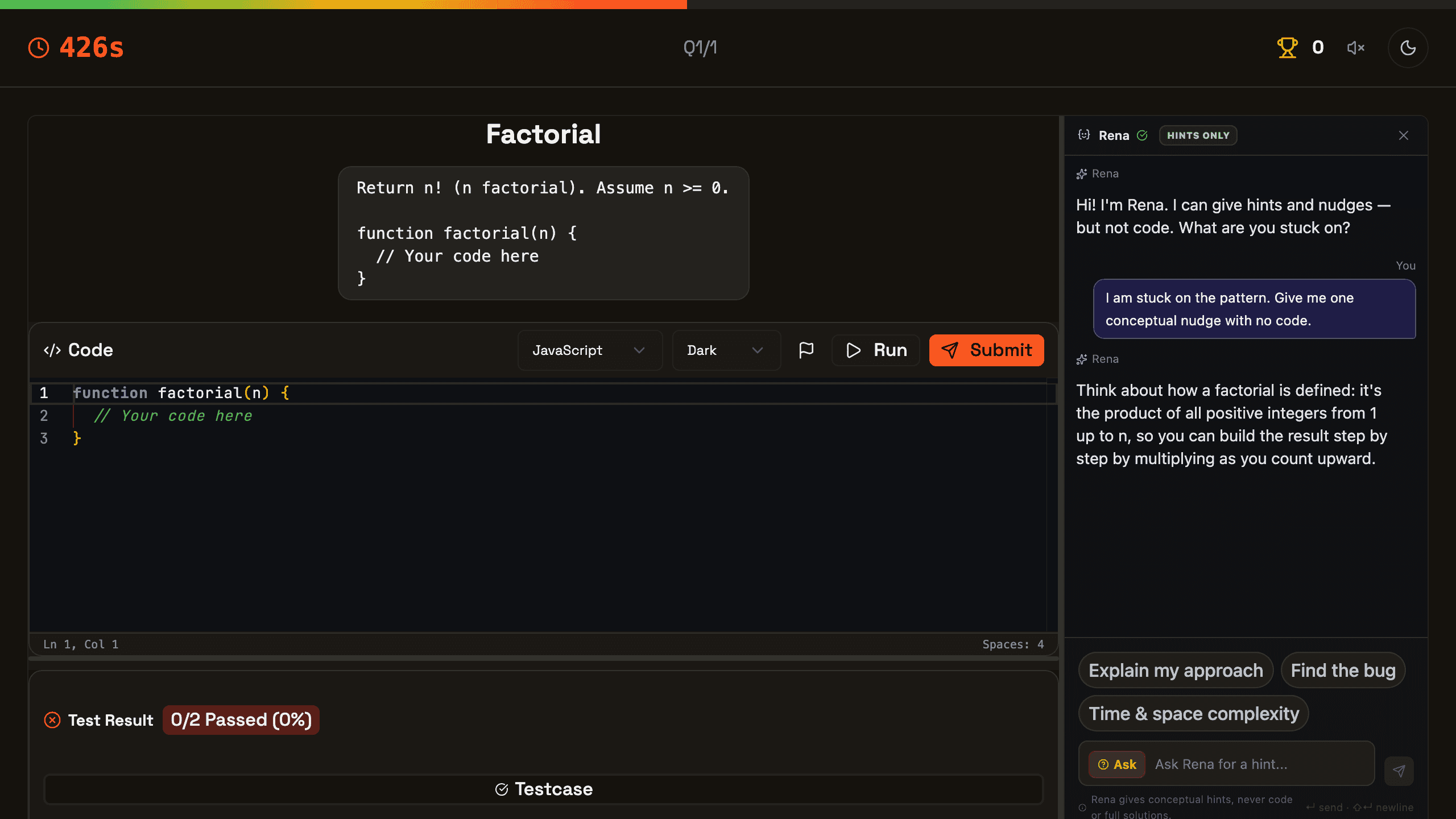 The classroom workspace shows hint-only assistance beside a coding prompt.