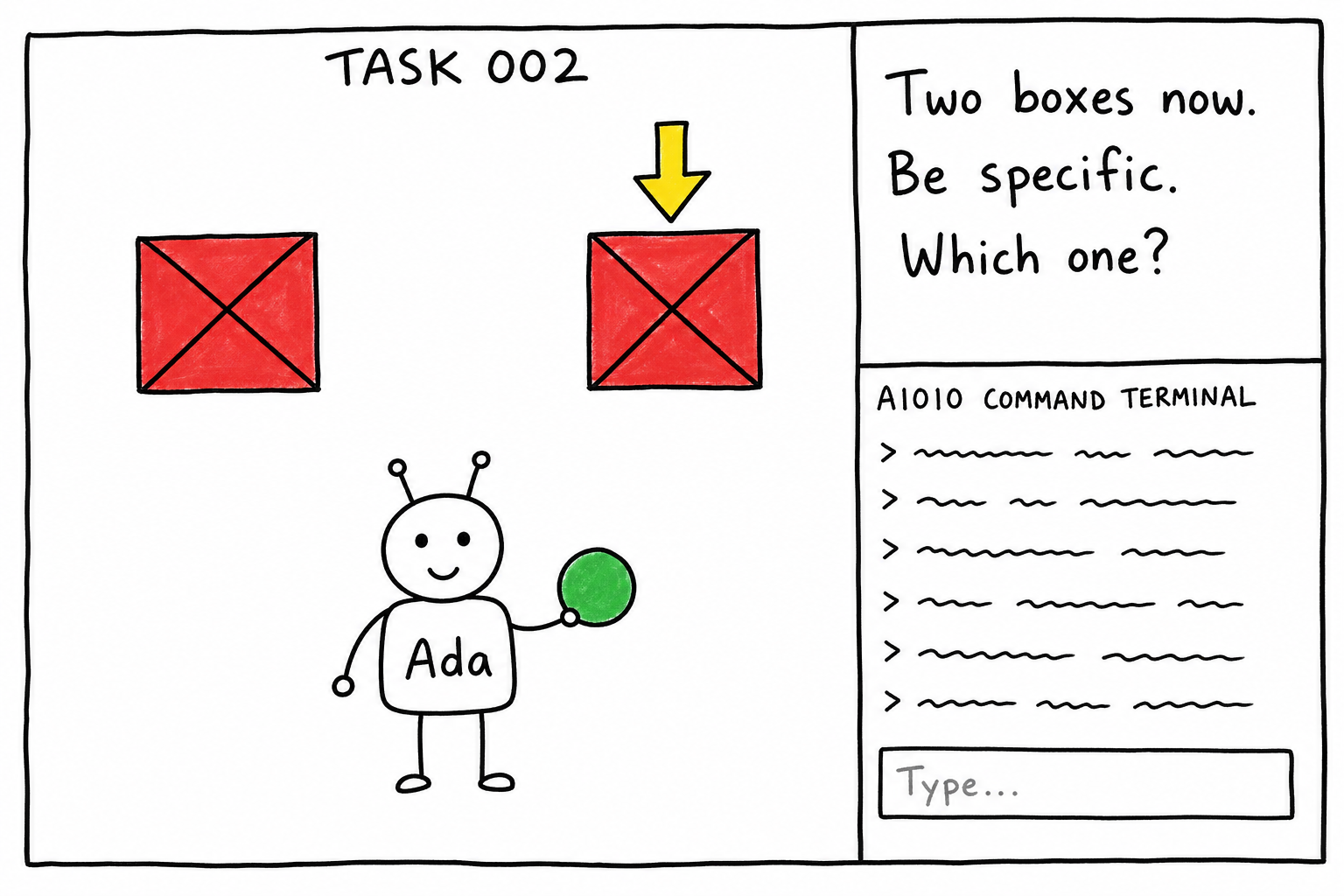 Task 002. Two boxes now. The player must disambiguate which one is the target.